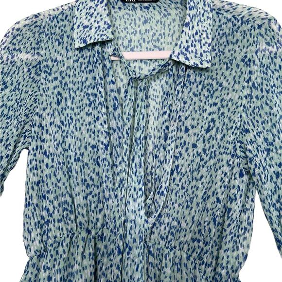 Zara Light Green Ruffled Flounces Pile Collar Floral Mini Dress Size XS - Picture 7 of 14